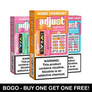 BOGO offer: Adjust MyFlavor Rechargeable Disposable Vapes in Orange Strawberry, Strawberry Mint Candy, and Black Razz flavors, each featuring 6 adjustable flavor settings and a nicotine warning. Buy One Get One Free deal.